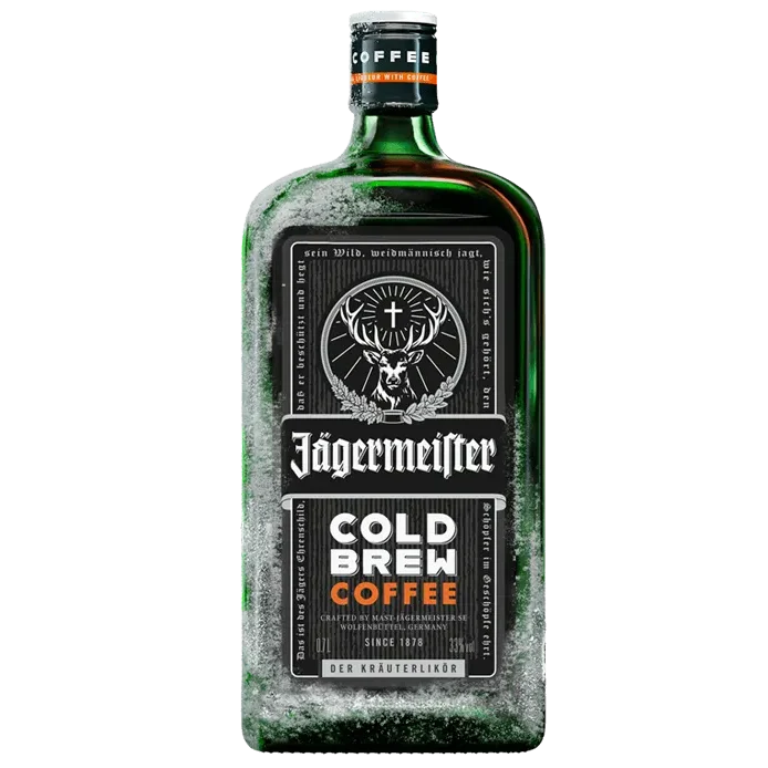 A bottle of Jägermeister Cold Brew Coffee, shown in a frosted green glass bottle with a black and white label featuring a deer head logo and orange text.