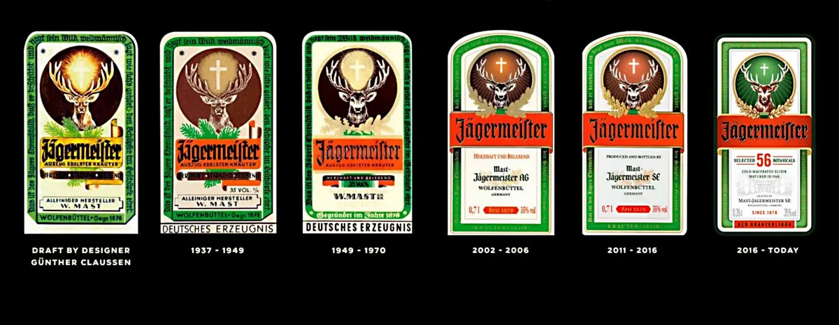 A row of five Jögermeister label designs or label prints displayed side by side on a black background, each with different vintage-style graphics and text blocks.