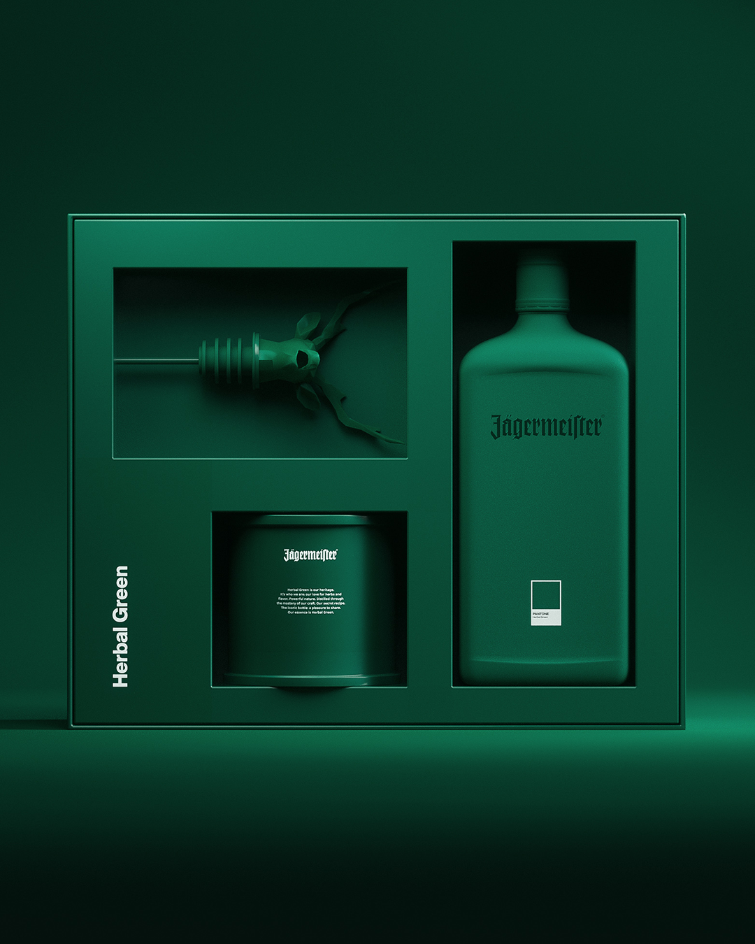 A Jägermeister Herbal Green gift set in a dark green box, containing a large bottle, a jar, and a small accessory, all in matching dark green packaging.