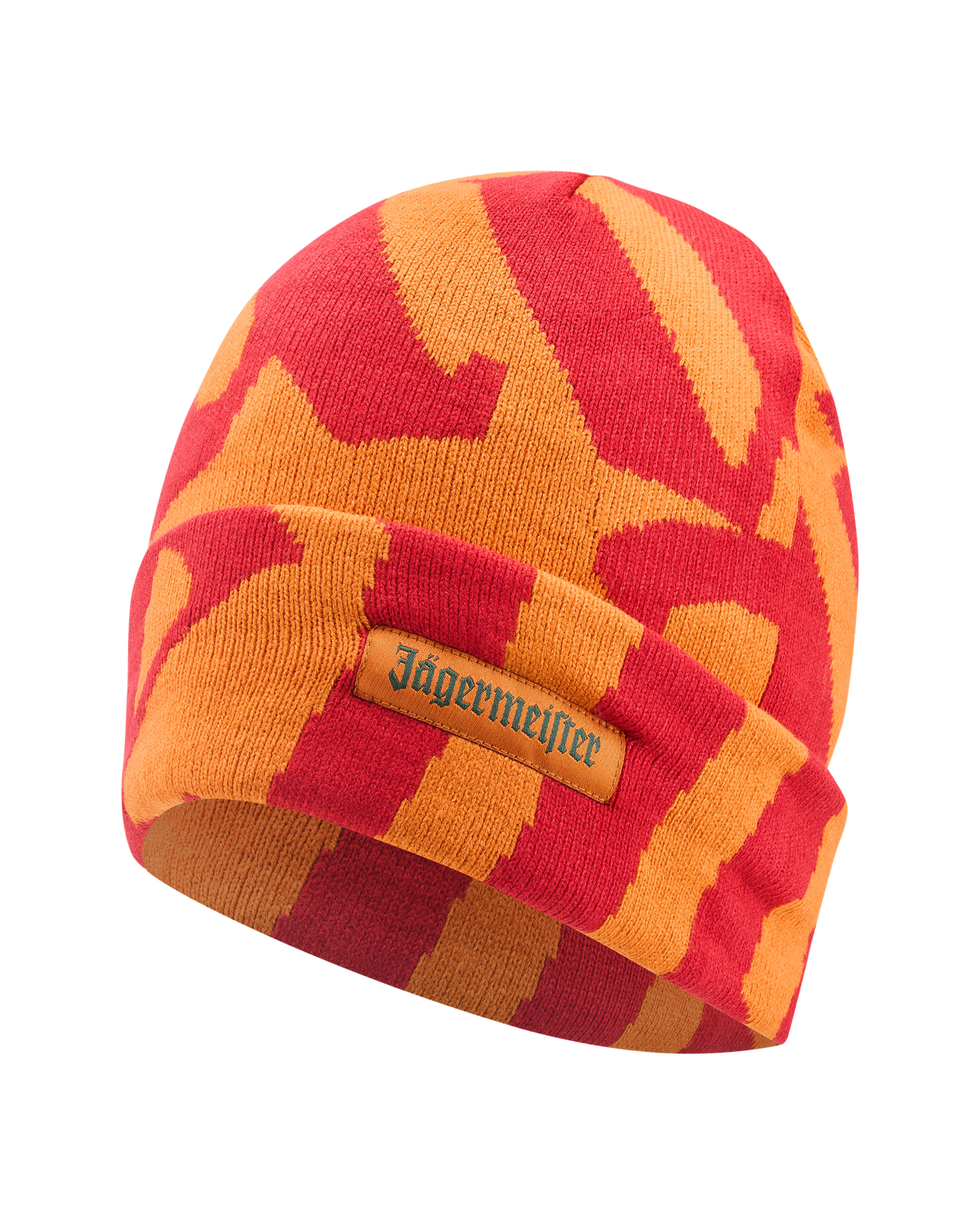 Piros és narancssárga mintás beanie Jägermeister logóval