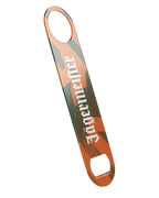 Jägermeister speed bottle opener in green and orange featuring a striped graphic pattern and bold white Jägermeister logo, shown in full length.