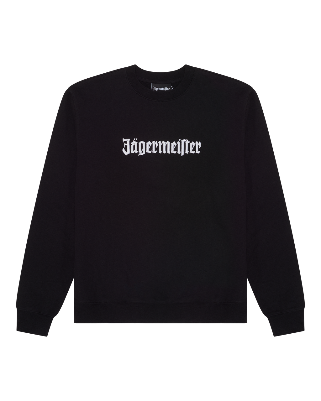 Black sweatshirt with white 'Jägermeister' wordmark