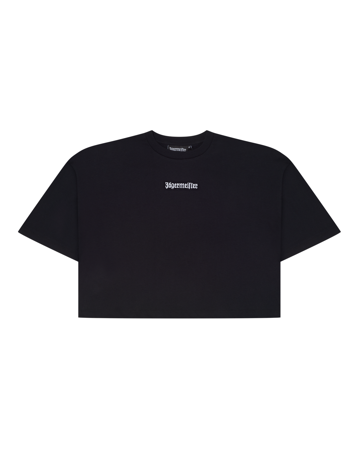 Fekete Jägermeister cropped tee fehér márkalogóval.