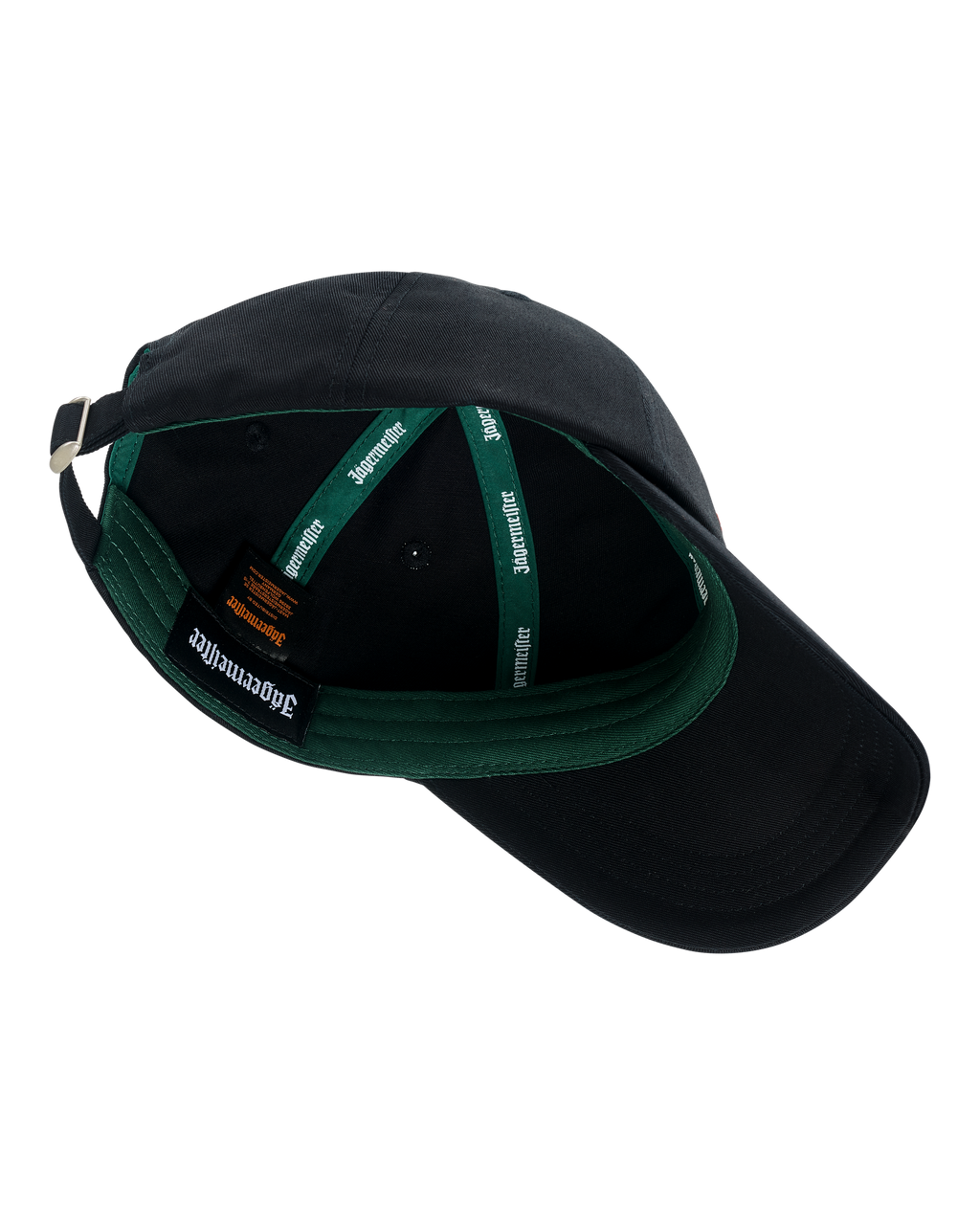 Black cap with green interior and visible Jägermeister brand logo.