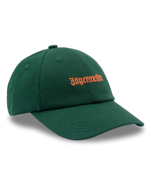Zöld Jägermeister dad cap elöl narancssárga Jägermeister feliratlogóval.