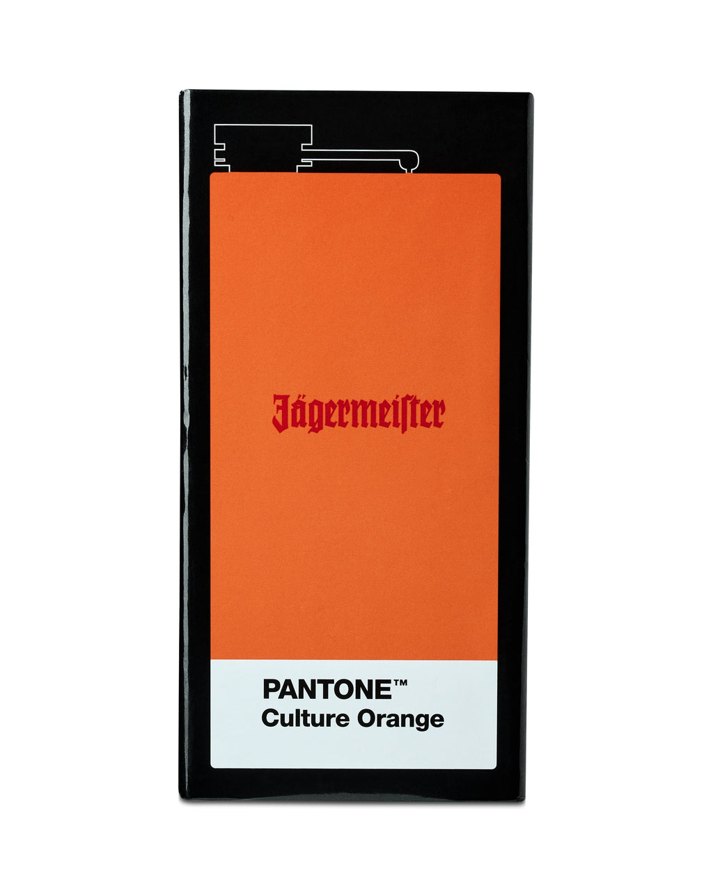 Jägermeister laposüvegdoboz „PANTONE Culture Orange” címkével, fehér háttéren