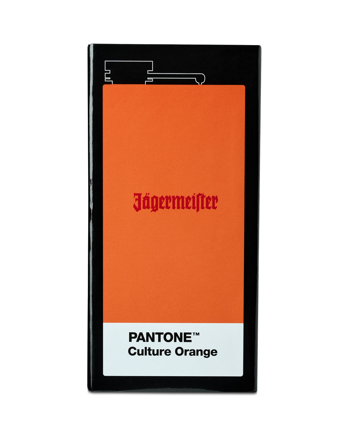 Jägermeister laposüvegdoboz „PANTONE Culture Orange” címkével, fehér háttéren