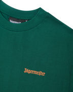Zöld Jägermeister póló narancssárga Jägermeister szójellel a mellkason.