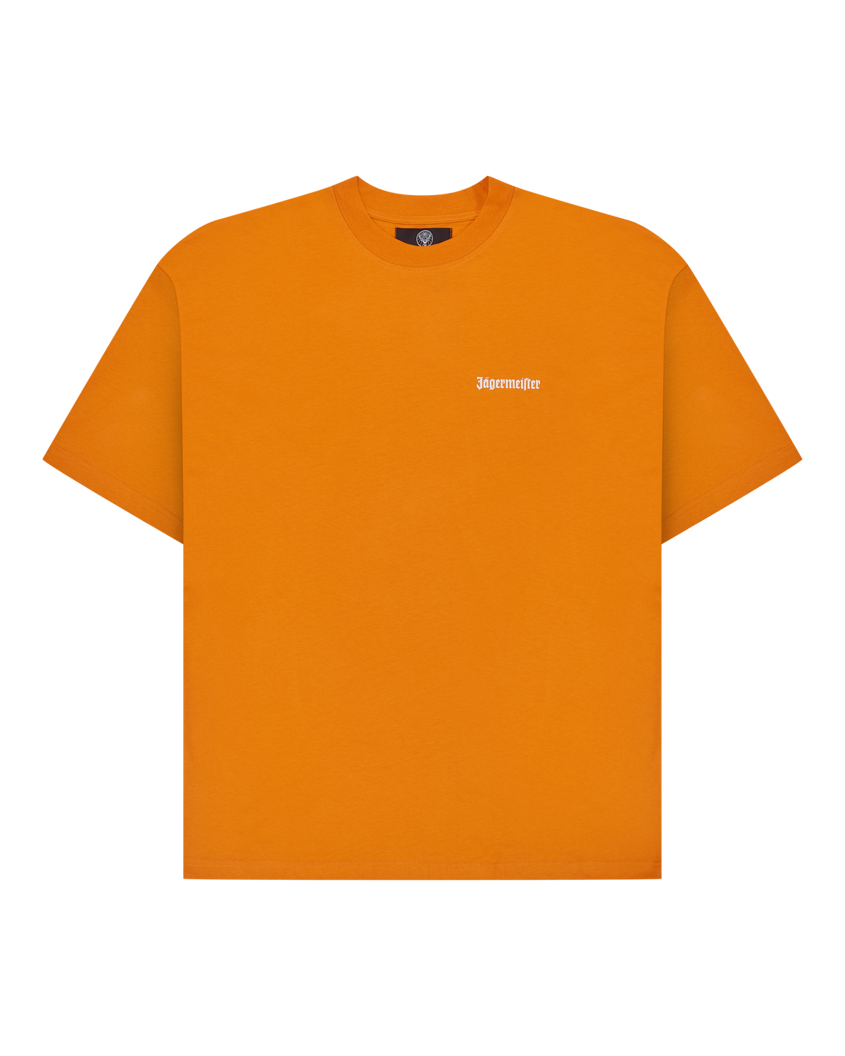 Orange Jägermeister t-shirt with a white Jägermeister wordmark on the chest.