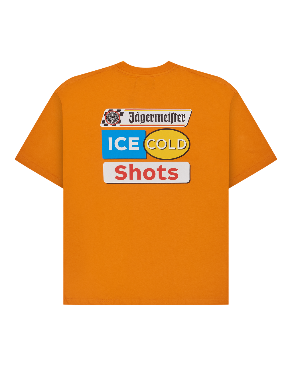 Narancssárga póló Jägermeister 'Ice Cold Shot' márkajelzéssel a póló hátoldalán.