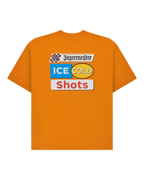 Narancssárga póló Jägermeister 'Ice Cold Shot' márkajelzéssel a póló hátoldalán.