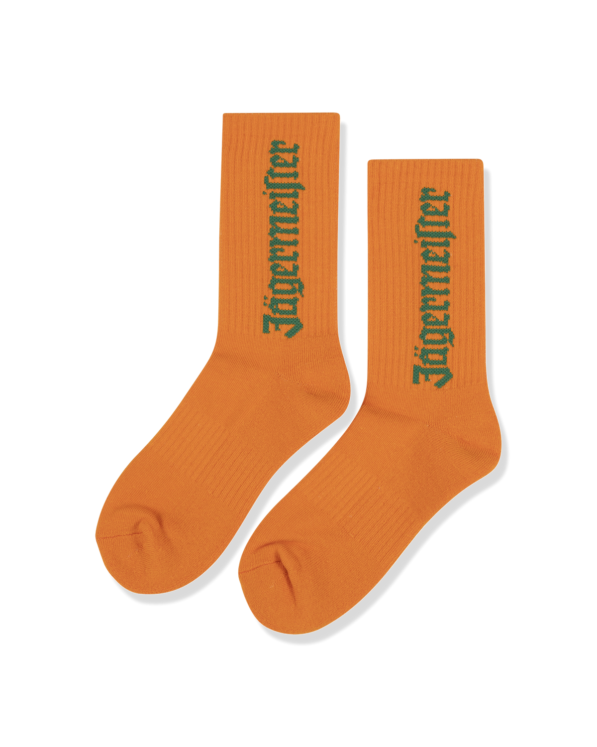 Narancssárga zokni zöld Jägermeister felirattal.