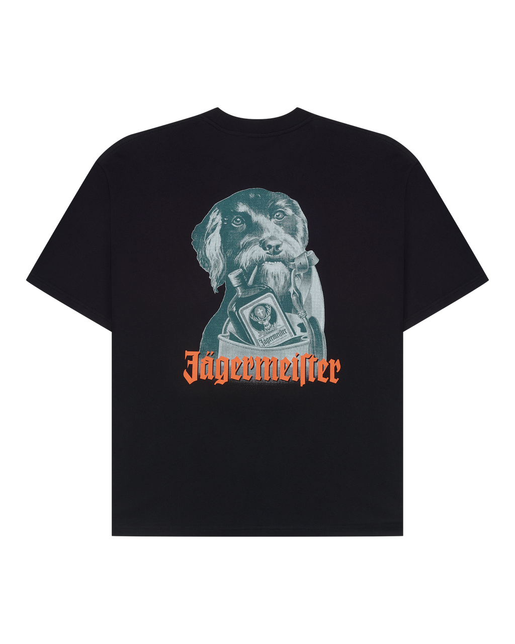 Black t-shirt with a dog graphic and the 'Jägermeister' wordmark.
