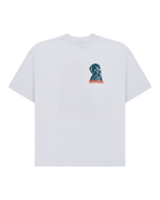 White t-shirt with a graphic design on the chest against a white background