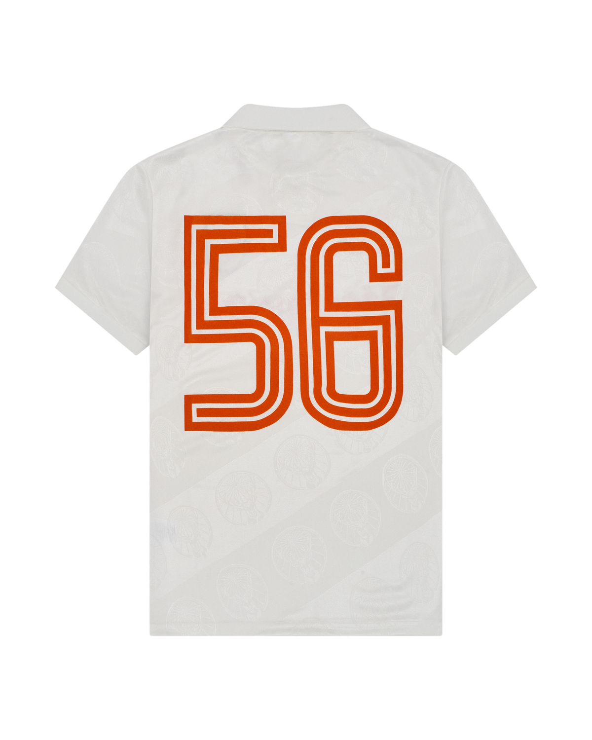 Fehér mez hátul narancssárga „56” dizájnnal.