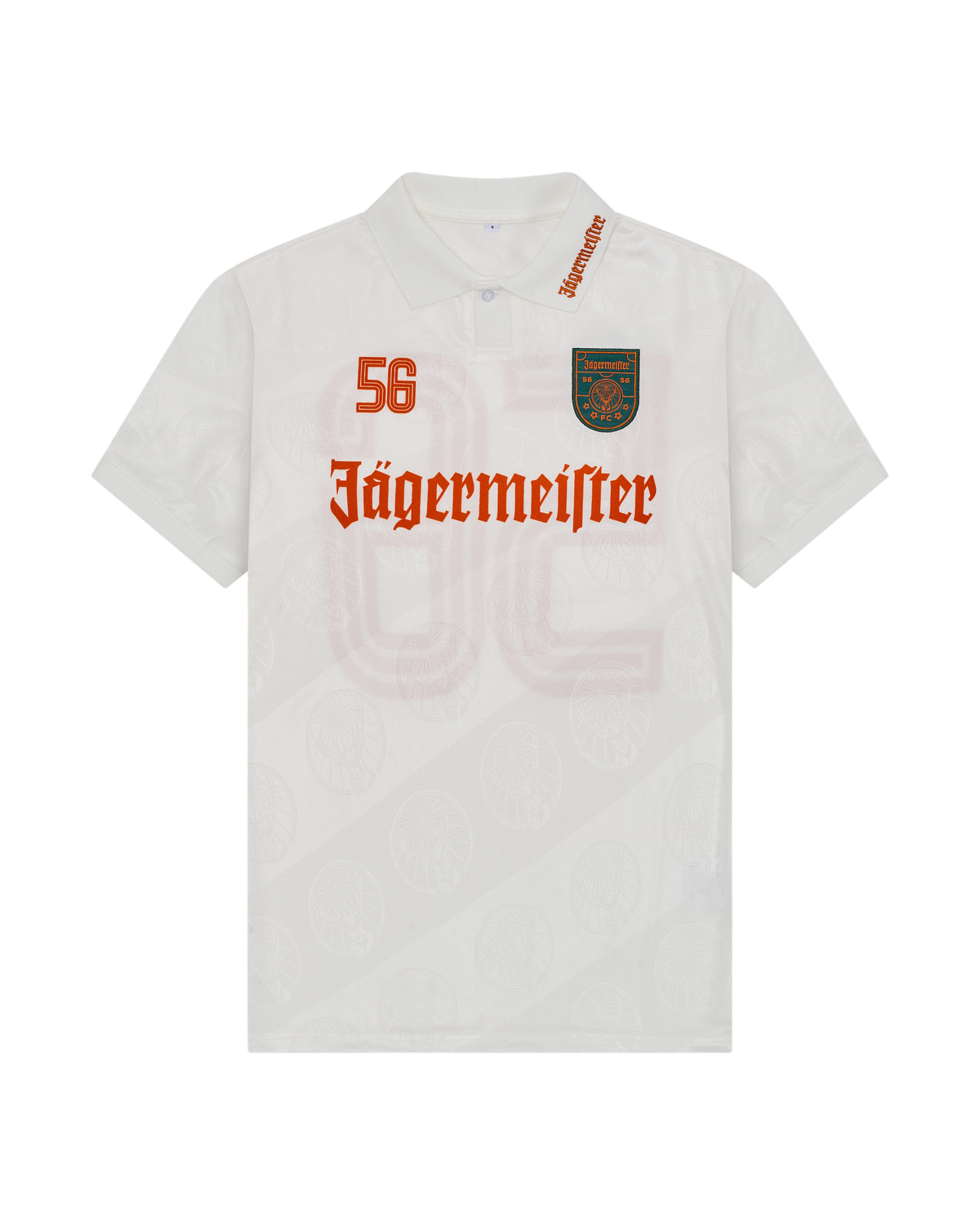 Fehér mez narancssárga Jägermeister márkajelzéssel.