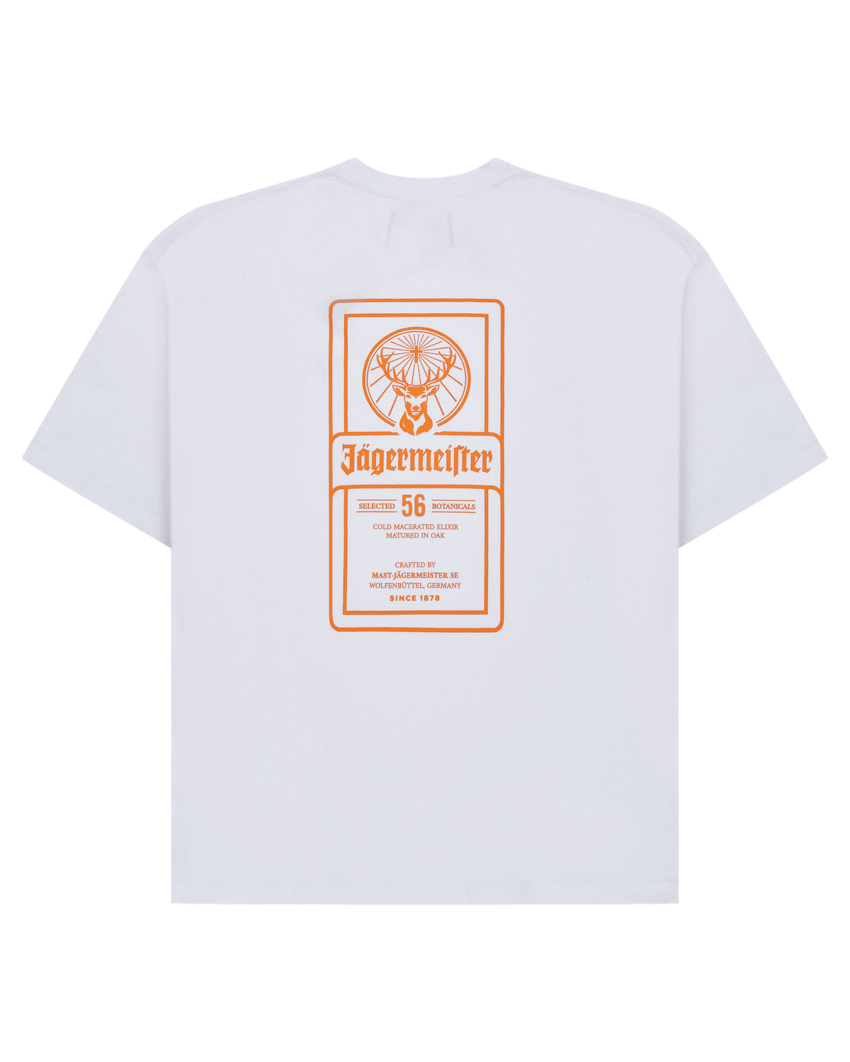 White t-shirt with Jägermeister label-inspired graphic print