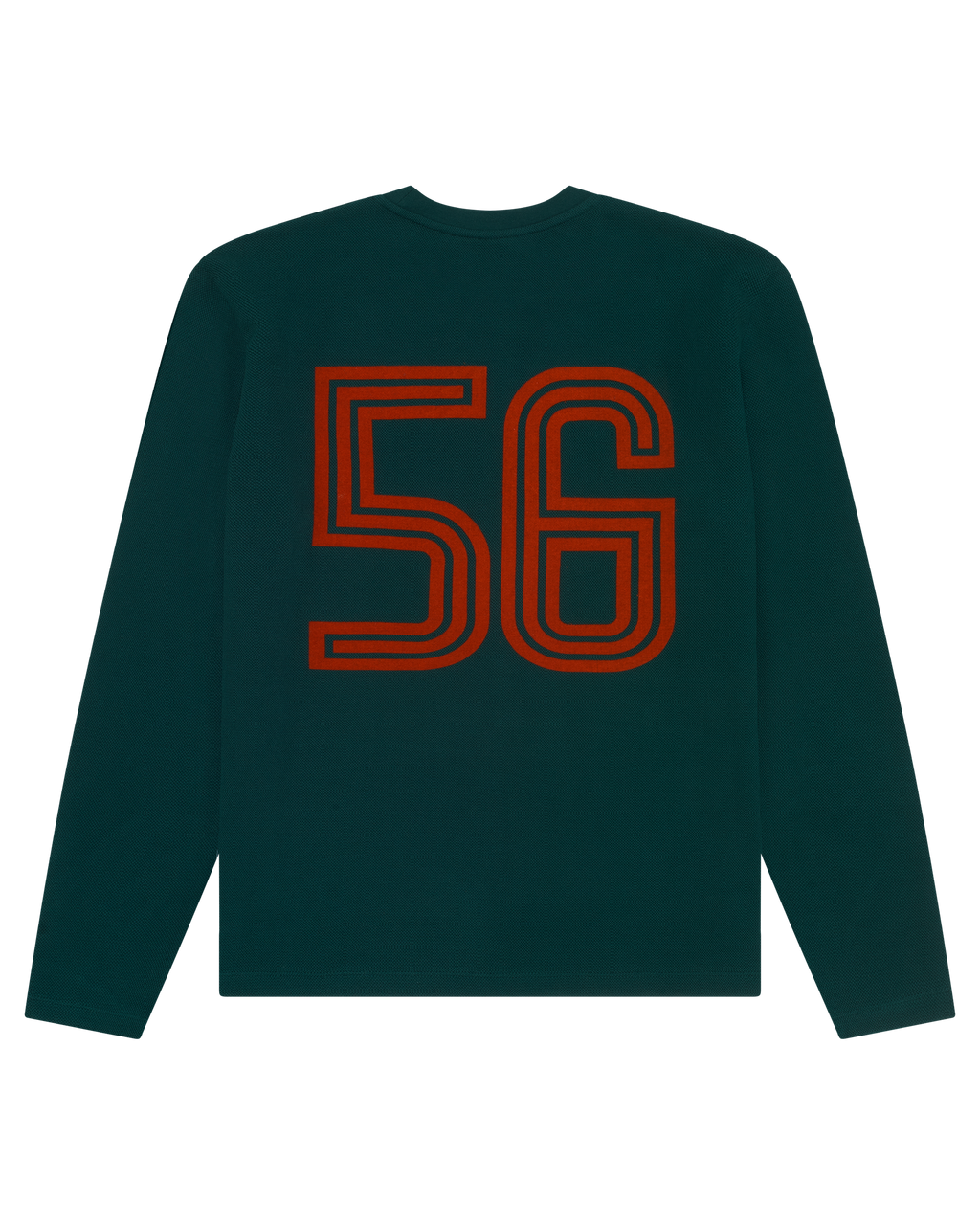 Green Jägermeister longsleeve with orange number 56 on the back.