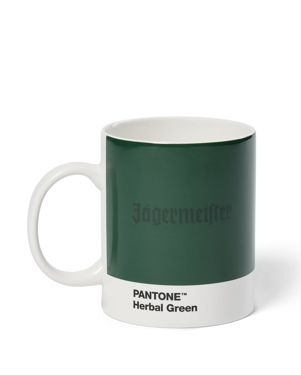 Jägermeister bögre Pantone Herbal Green színmintával, fehér háttéren