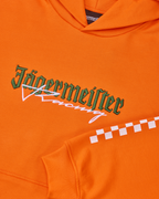 Narancssárga kapucnis pulóver fehér és zöld Jägermeister Racing logóval.