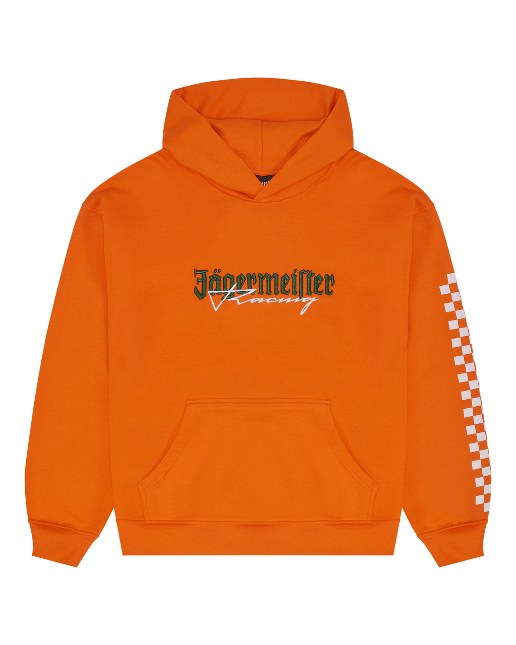 Narancssárga Jägermeister Racing kapucnis pulóver elölről.