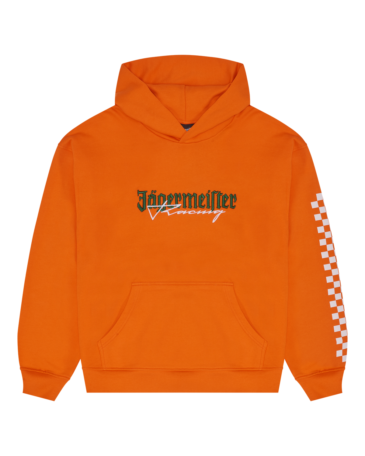 Narancssárga Jägermeister Racing kapucnis pulóver elölről.