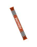 Jägermeister Racing sál kockás mintával és felirattal, a narancssárga oldala látható.