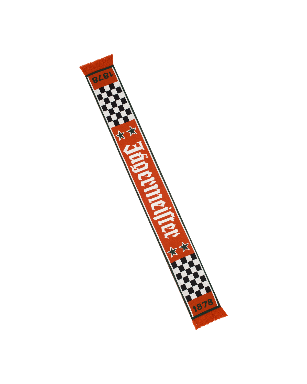 Jägermeister Racing sál kockás mintával és felirattal, a narancssárga oldala látható.