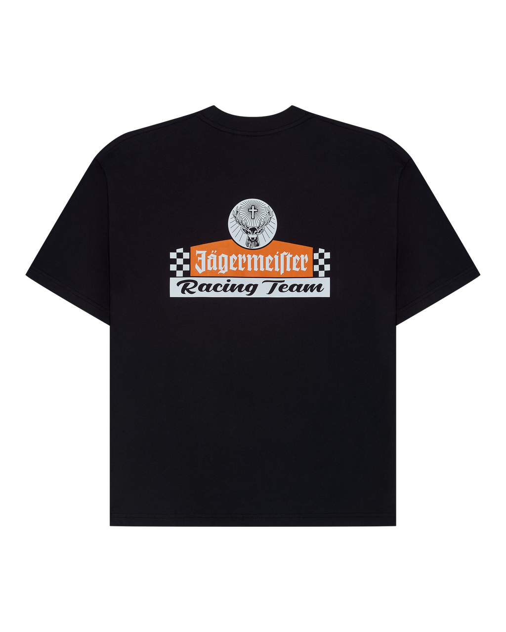 Fekete póló Jägermeister Racing Team logóval a hátán.