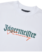 Fehér Jägermeister Racing póló zöld és narancssárga logóval.