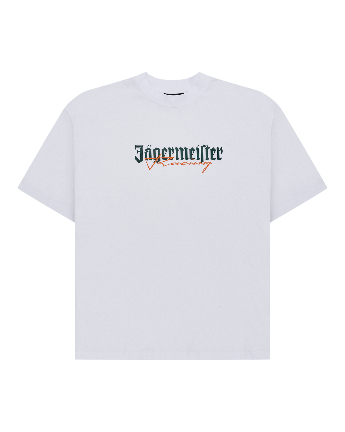 Fehér póló zöld és narancssárga Jägermeister racing logóval.