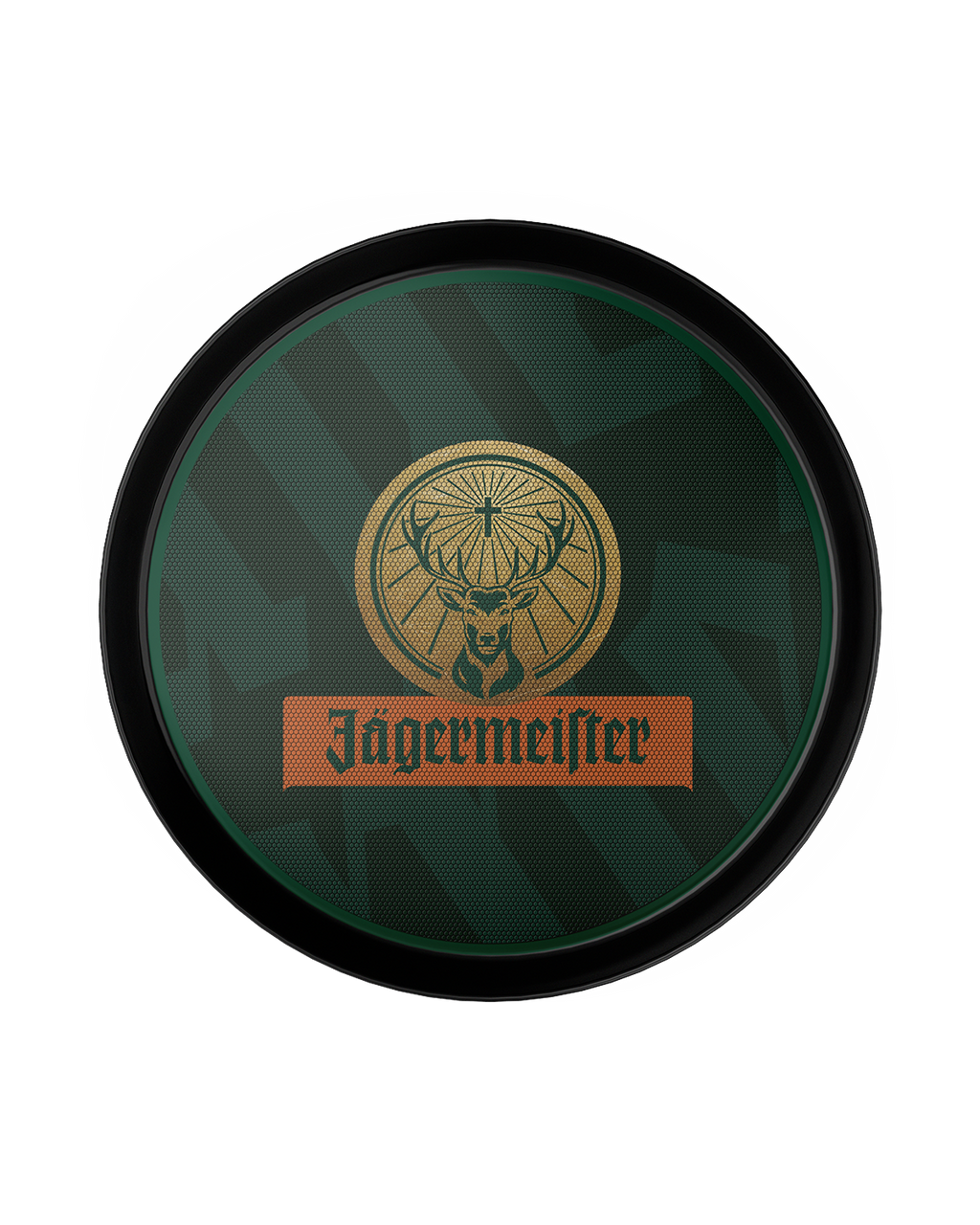 Green Jägermeister serving tray with Jägermeister logo in the middle 