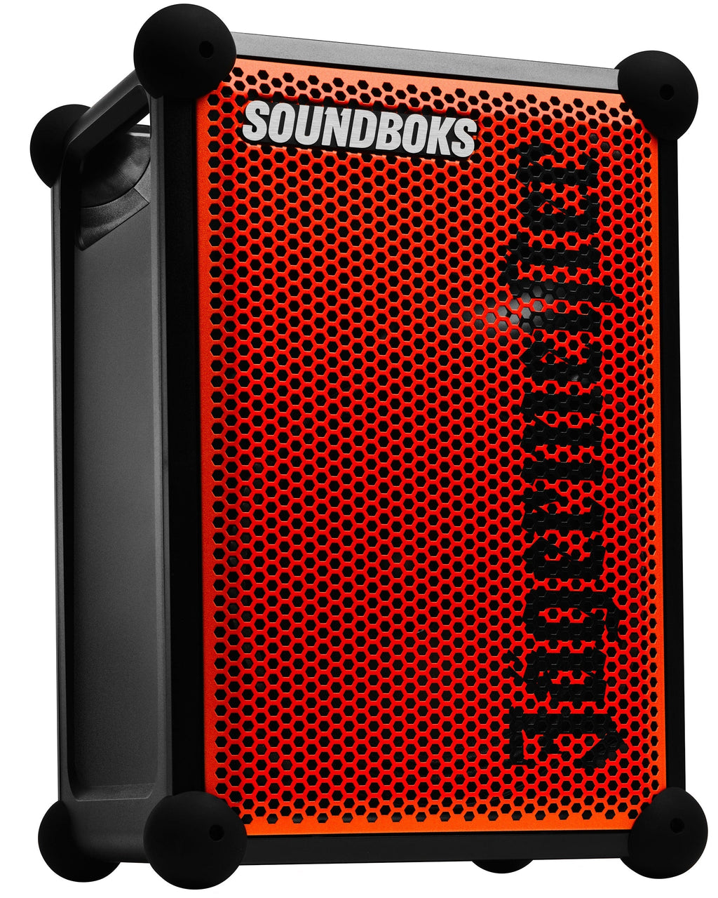 Narancssárga és fekete hordozható Soundboks hangszóró 'Jägermeister' márkajelzéssel