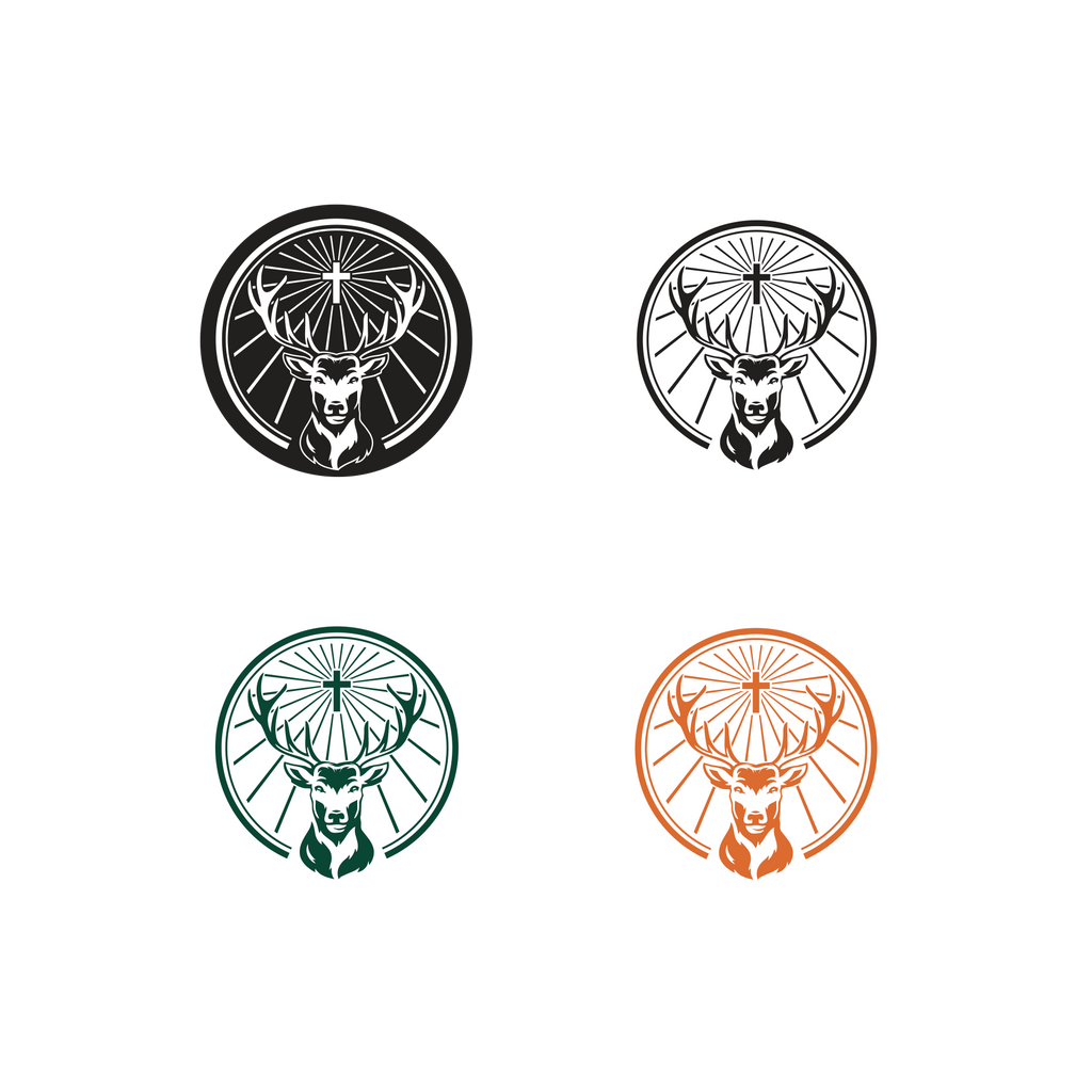 Four Jägermeister logos in white, black, green and orange with deer heads in circular frames on a white background.