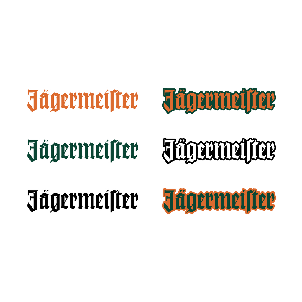 Jägermeister wordmark logo in various colors on a white background
