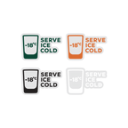 Set of 'Serve Ice Cold' temperature labels with different color schemes on a white background.