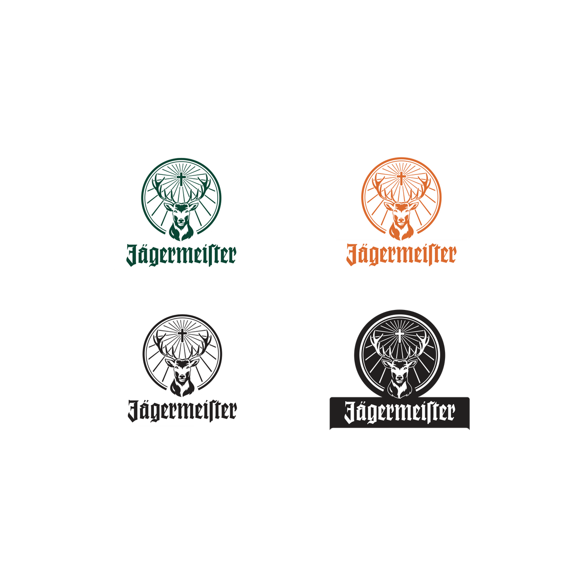 Four variations of Jägermeister logos on a white background