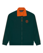 Green Jägermeister track jacket with orange collar and orange Jägermeister logo on the chest.