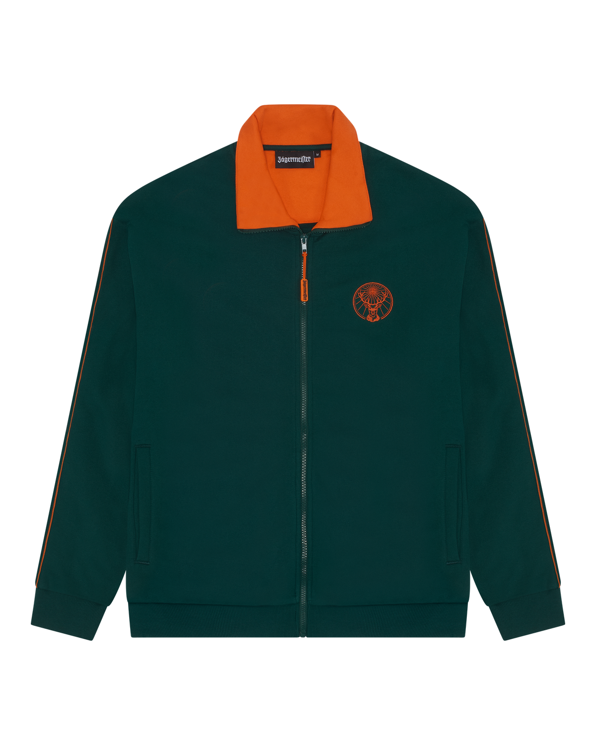 Zöld Jägermeister tréningdzseki narancssárga gallérral és narancssárga Jägermeister logóval a mellkason.