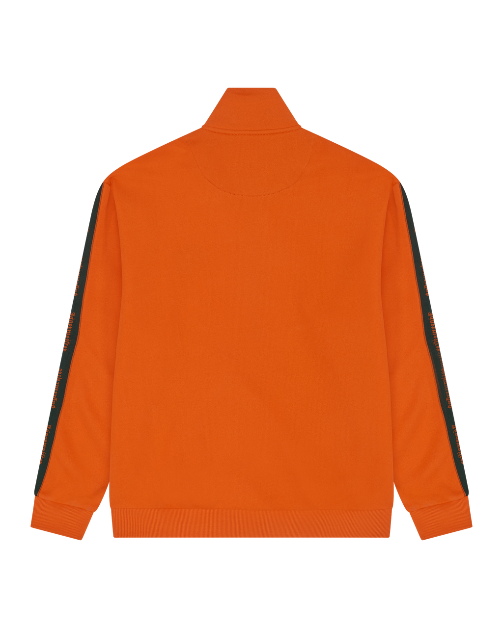 Orange track jacket with green branded stripes on sleeves.